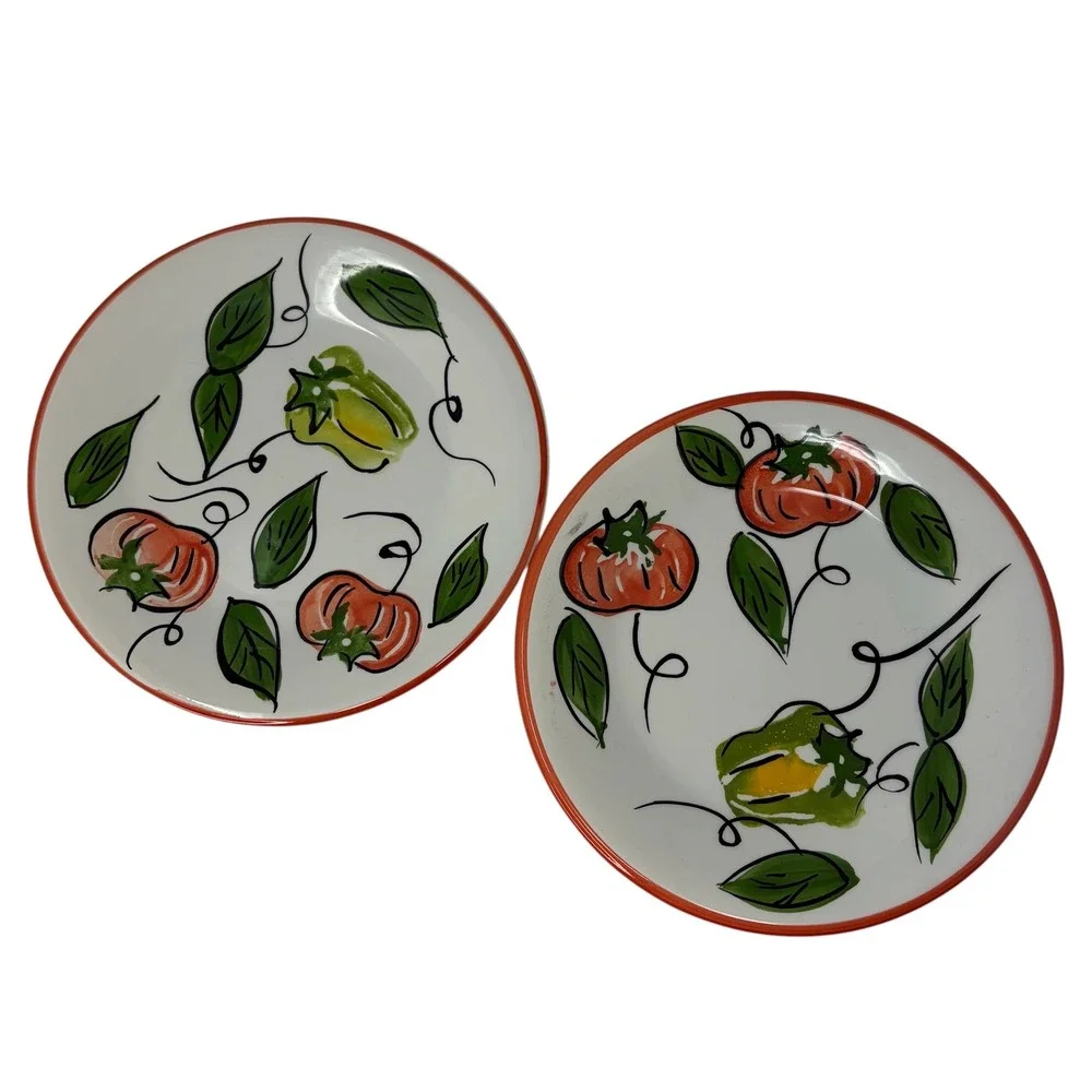 Vintage Pier 1 Italy Handpainted Tomato Pepper Salad Plates Set of 2 8.5